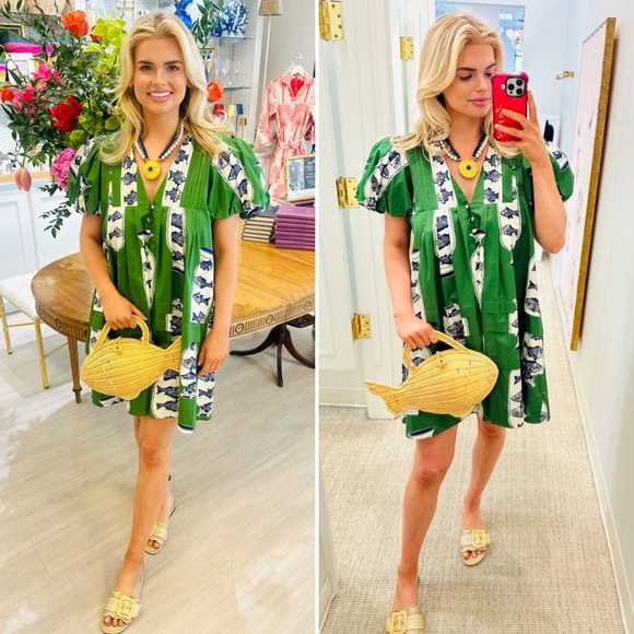 Hunter Bell Wilkes Dress Herring Green Puff Sleeve Cotton Size Medium NWT - Picture 13 of 17